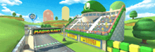 a video game scene with a sign that says " mario kart "