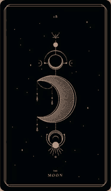 the moon is a tarot card with a crescent moon on a black background .