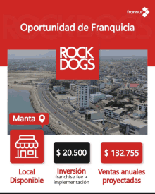 an advertisement for rock dogs in manta with a picture of the city in the background