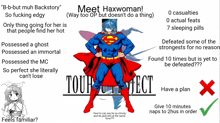 a cartoon of superman with the words meet haxwoman at the bottom