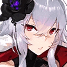 a girl with long white hair and red eyes is wearing a black rose in her hair .