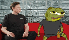 elon musk is sitting on a red couch next to a cartoon frog holding a beer .