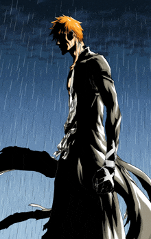 a drawing of a man in a black and white outfit standing in the rain