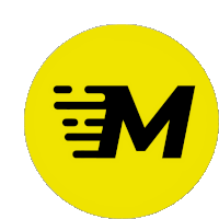 a yellow circle with a black letter m in it