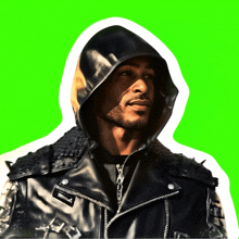 a man in a leather jacket with a hood