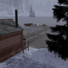 a snowman stands on a dock near a house