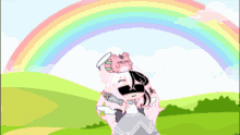 a cartoon of a girl with a rainbow and a pig on her head