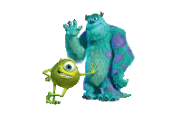 mike and sully from monsters inc are waving at each other