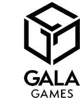 a black and white logo for gala games with a cube in the center