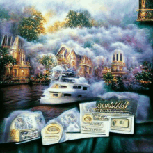 a painting of a boat on a river with a package that says ' louisiana '