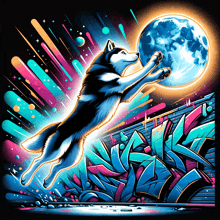 a colorful illustration of a husky dog reaching for the moon