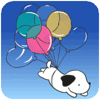 a cartoon of a dog flying through the air holding balloons