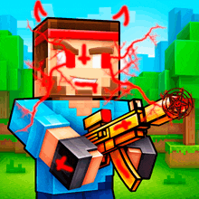 a minecraft character is holding a gun with red lightning coming out of his eyes