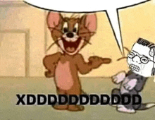 a cartoon of tom and jerry talking to each other with a speech bubble above them .