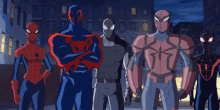 a group of spider man standing next to each other on a city street