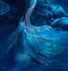 a mermaid 's tail is glowing in the dark water