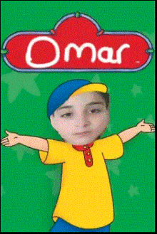 a cartoon of a boy named omar with his arms outstretched on a green background