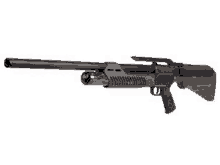 a black air rifle with a long barrel and a scope on a white background .