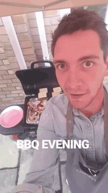 a man standing in front of a grill with the words bbq evening written on the bottom