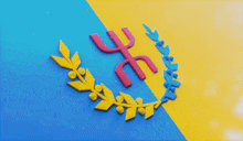 a blue and yellow background with a laurel wreath and the letter ee