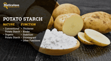 a poster for potato starch shows a wooden spoon full of potato starch