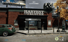 a screenshot of a video game shows the entrance to harvest and trustee