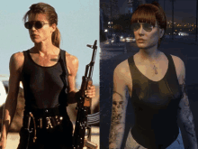 a picture of a woman holding a gun next to a picture of a woman in sunglasses