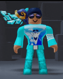 a roblox character wearing sunglasses and a blue shirt with a picture of an airplane on it