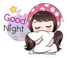 a cartoon girl is holding a pillow and says `` good night '' .