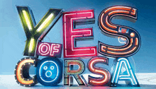 a neon sign that says yes of corsa on a blue background