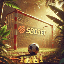 a soccer ball sits in front of a soccer goal that says sbobet on it