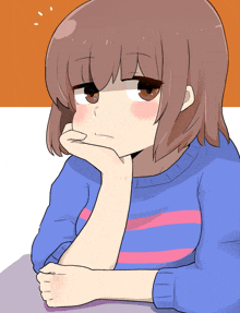 a drawing of a girl in a blue and pink striped shirt