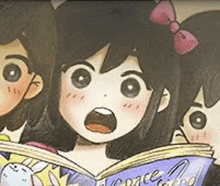 a girl with a pink bow is reading a book with two other girls .