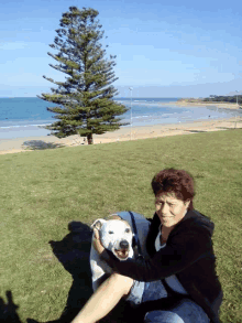 a woman petting a white dog in front of a beach with a pine tree in the background