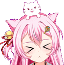 a girl with long pink hair and a white cat on her head .