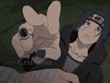 itachi uchiha from naruto is pointing at the camera while holding a gun .