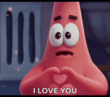 patrick star from spongebob squarepants is making a heart shape with his hands and saying i love you .