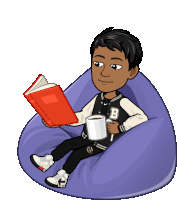 a cartoon of a man sitting in a bean bag chair reading a book and holding a cup of coffee