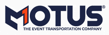 a logo for motus the event transportation company in blue and red