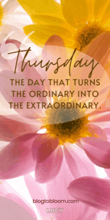 a poster with flowers and the words thursday the day that turns the ordinary into the extraordinary