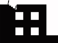 a silhouette of two people standing on top of a building with squares .