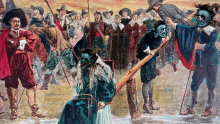 a painting of a man with a beard holding a stick in front of a crowd