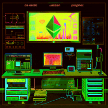 an illustration of a computer with the words jaszen and pogphec