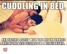 a picture of a man and woman hugging in bed with the caption cuddling in bed