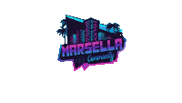 a logo for marsella community shows a city skyline with palm trees