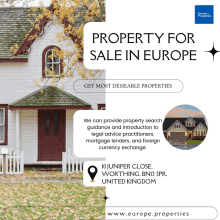 an advertisement for property for sale in europe with a white house in the background