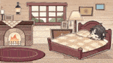 a cartoon drawing of a bedroom with a bed fireplace and lamp