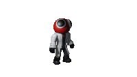 a cartoon character in a white suit and red helmet is walking .