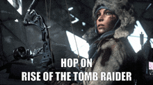 a poster for rise of the tomb raider shows a woman holding a bow