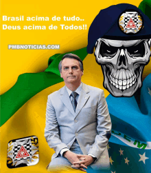 a man in a suit sits in front of a skull with the words brasil acima de tudo